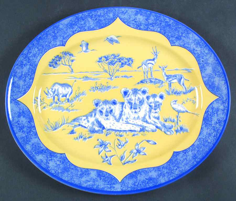 African Inspirations Blue and Yellow 14" Oval Serving Platter by Lynn Chase-1