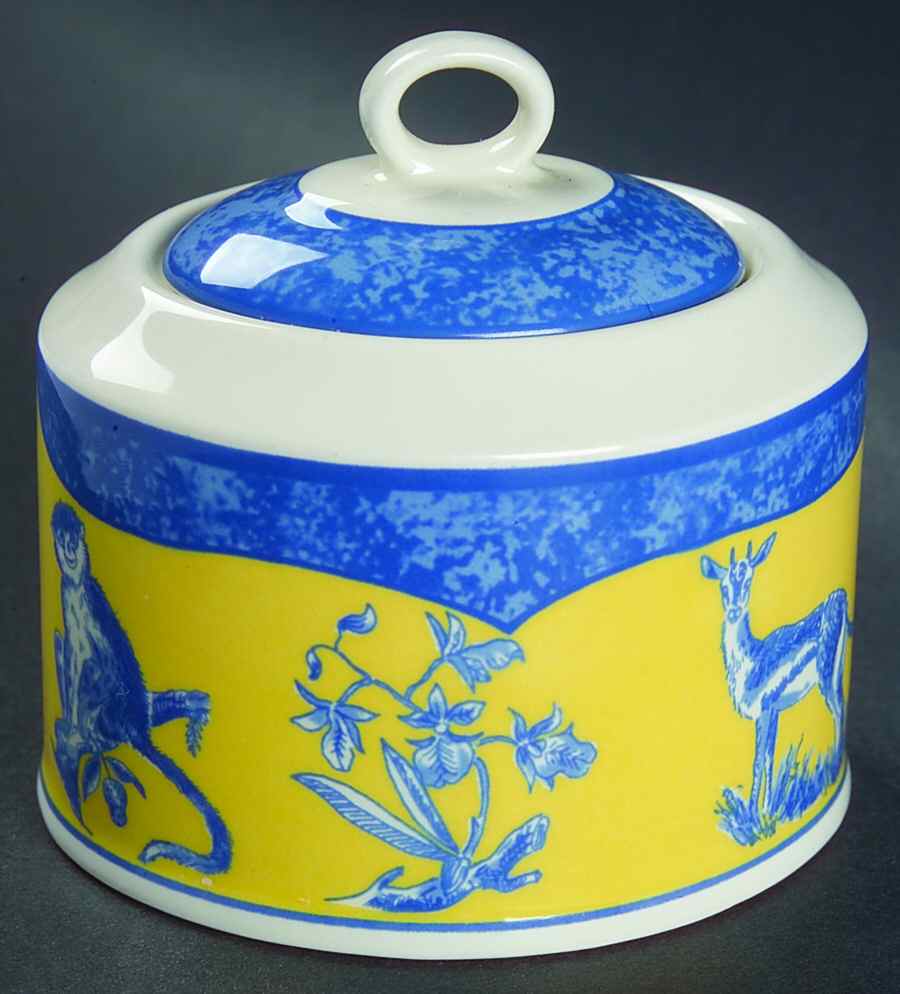 African Inspirations Blue and Yellow Sugar Bowl & Lid by Lynn Chase-1