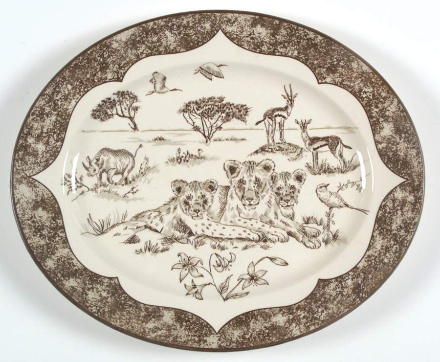 African Inspirations Sepia and Cream 14" Oval Serving Platter by Lynn Chase-1