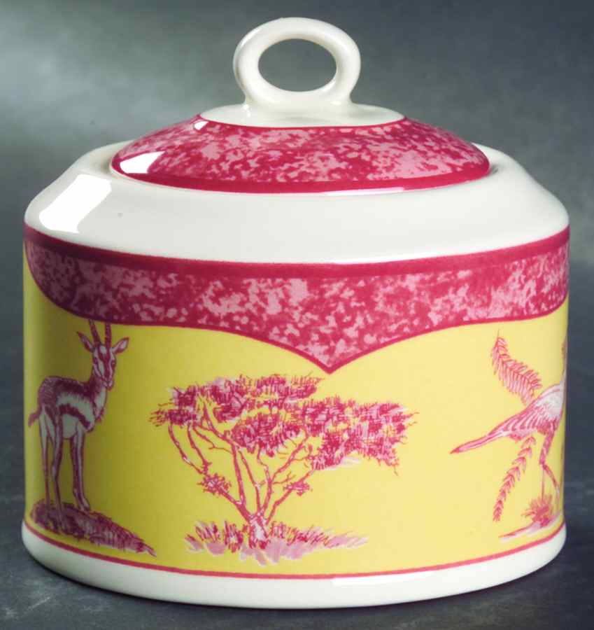 African Inspirations Cranberry and Yellow Sugar Bowl & Lid by Lynn Chase-1