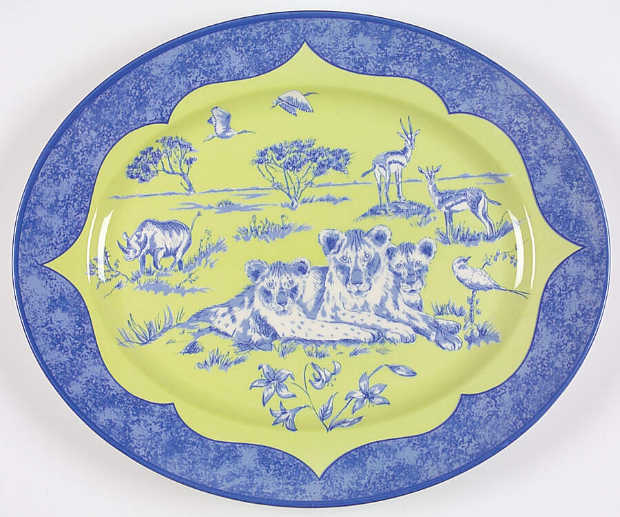 African Inspirations Blue and Green 14" Oval Serving Platter by Lynn Chase-1