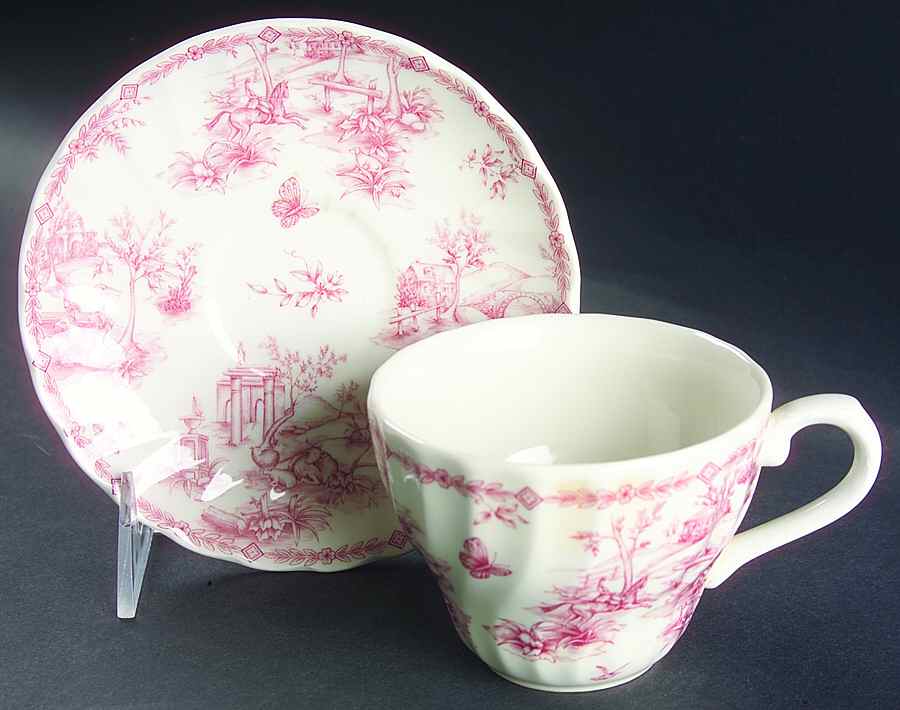 Toile Pink (Scalloped) Flat Cup & Saucer Set by Churchill-1