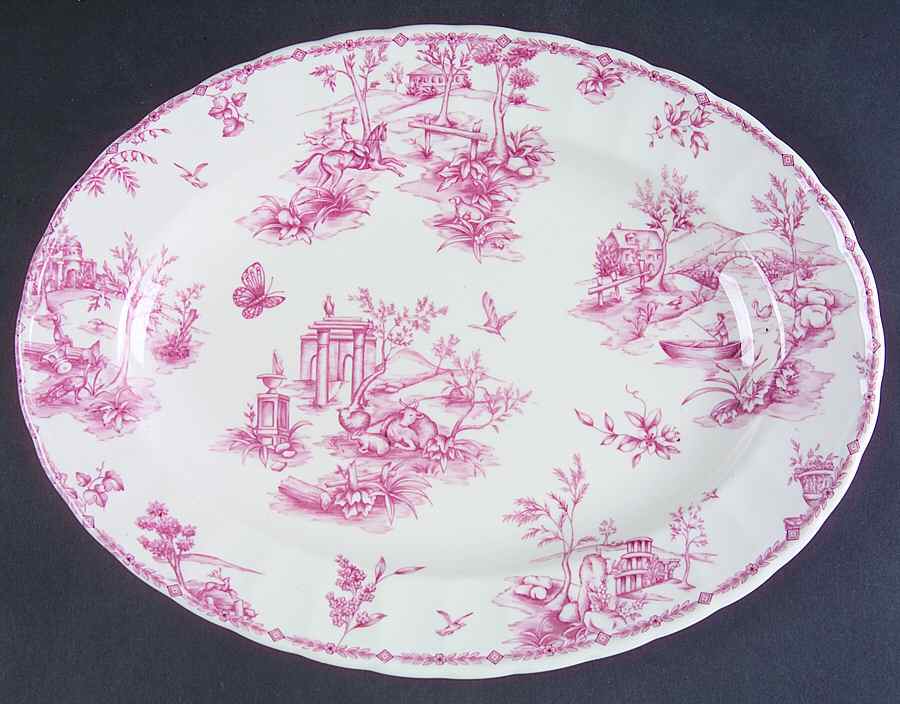 Toile Pink (Scalloped) 12" Oval Serving Platter by Churchill-1