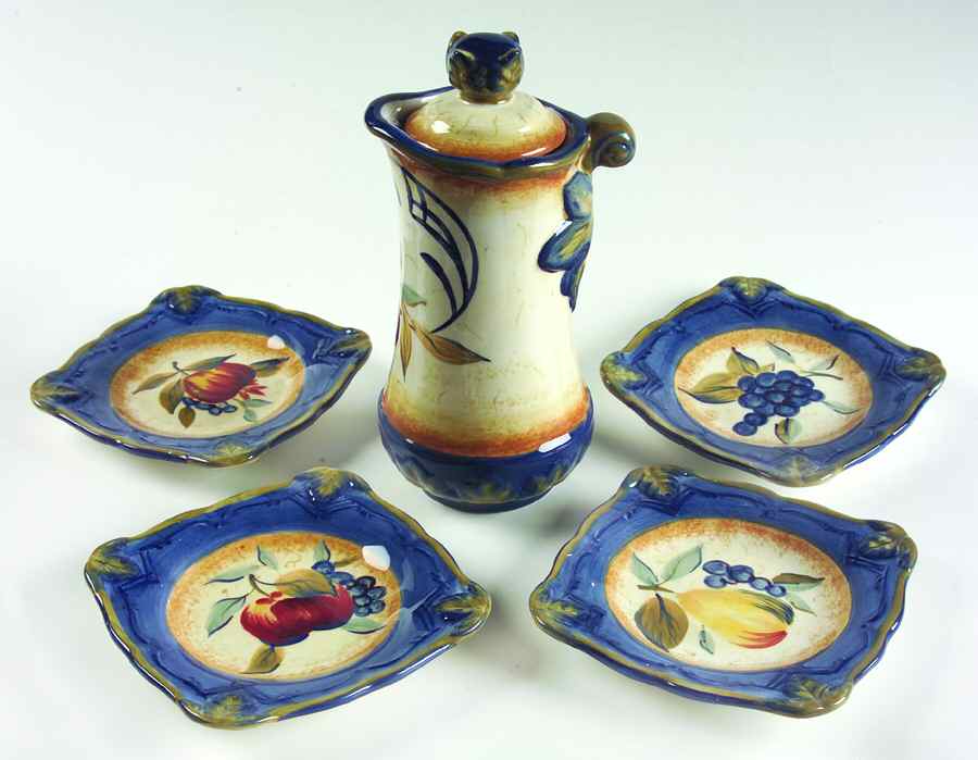 Tuscan Fruit Blue Oil Jar/Cruet with Lid and 4 Motif Dip Bowls by Certified International-1