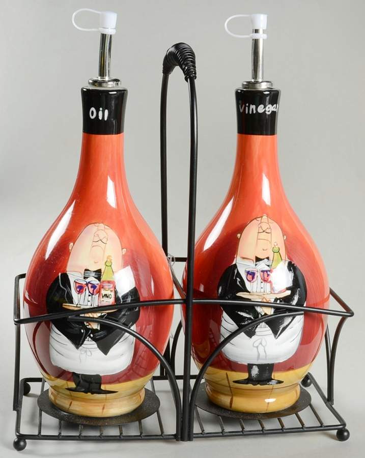 Dinner Is Served Oil & Vinegar Drizzle Jars with Metal Holder by Certified International-1