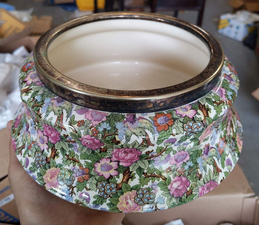 Ivory Chintz (No Black Border) 9" Salad Serving Bowl w/Metal Rim by Crown Ducal-1