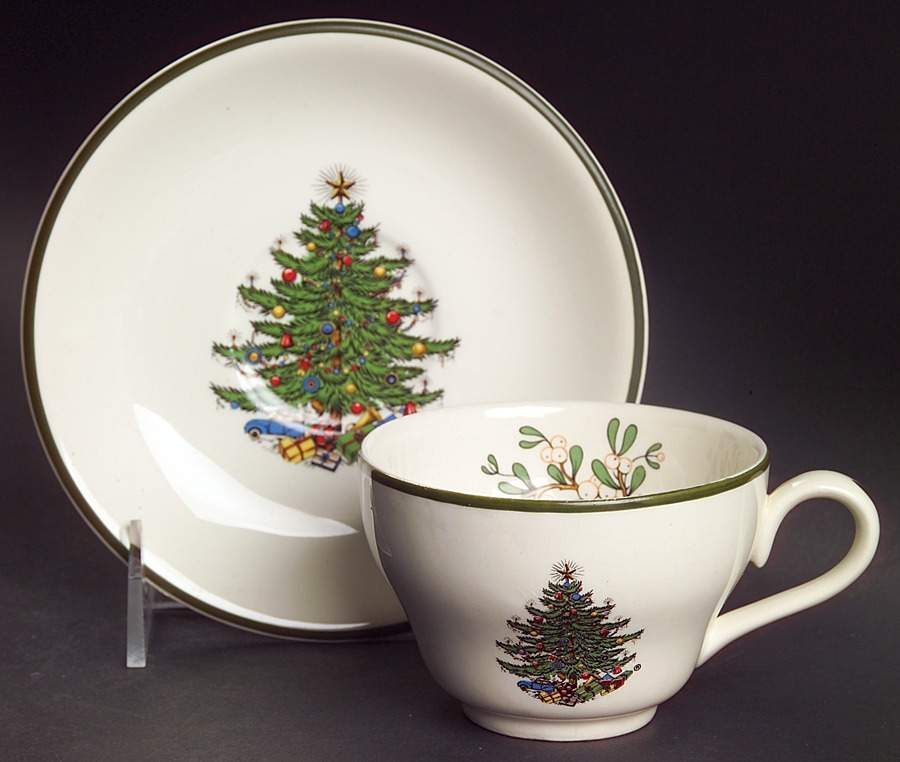 Christmas Tree (Narrow Green Band, White) Flat Cup & Saucer Set by Cuthbertson-1