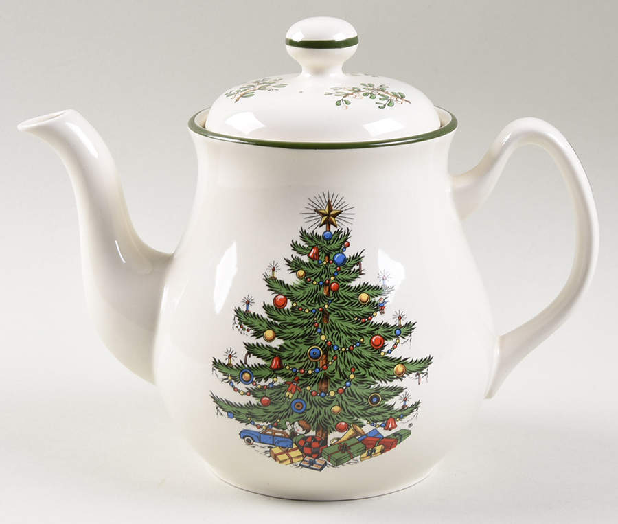 Christmas Tree (Narrow Green Band, White) Teapot & Lid by Cuthbertson-1
