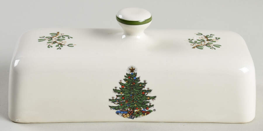 Christmas Tree (Narrow Green Band, White) Lid for 1/4 Lb Butter by Cuthbertson-1