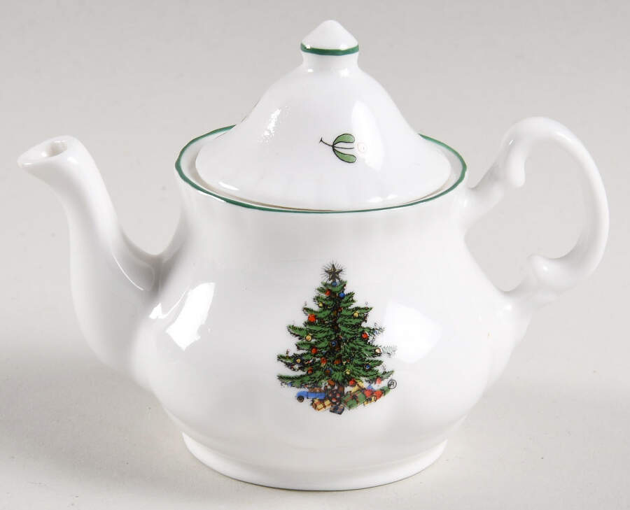 Christmas Tree (Narrow Green Band, White) Toy Teapot & Lid by Cuthbertson-1