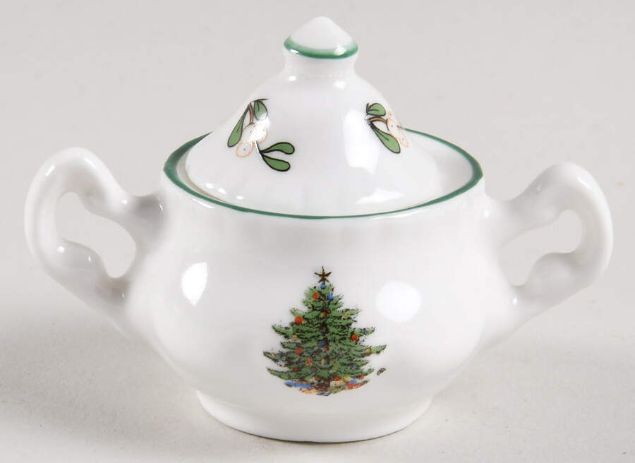 Christmas Tree (Narrow Green Band, White) Toy Sugar Bowl & Lid by Cuthbertson-1