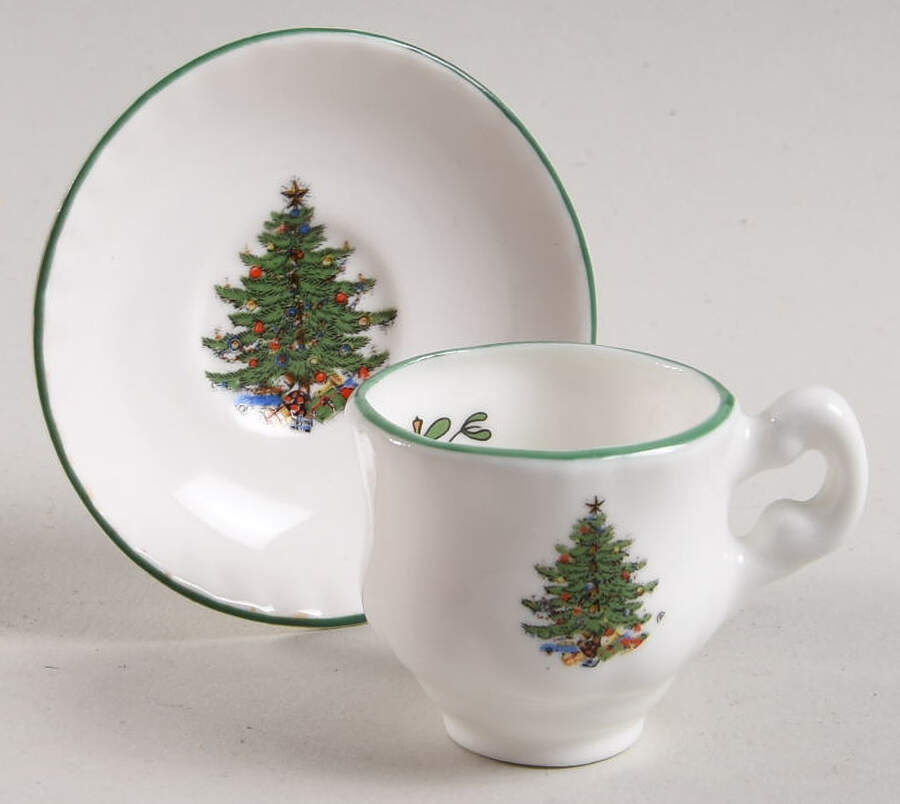 Christmas Tree (Narrow Green Band, White) Footed Toy Cup and Saucer Set by Cuthbertson-1