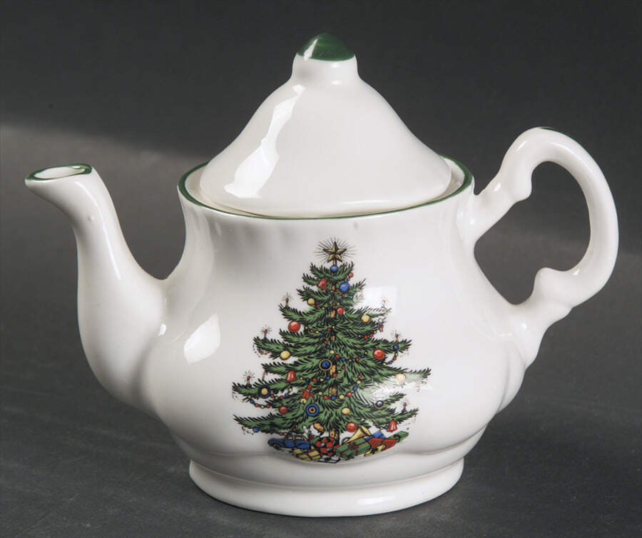 Christmas Tree (Narrow Green Band, White) Toy Teapot & Lid by Cuthbertson-1