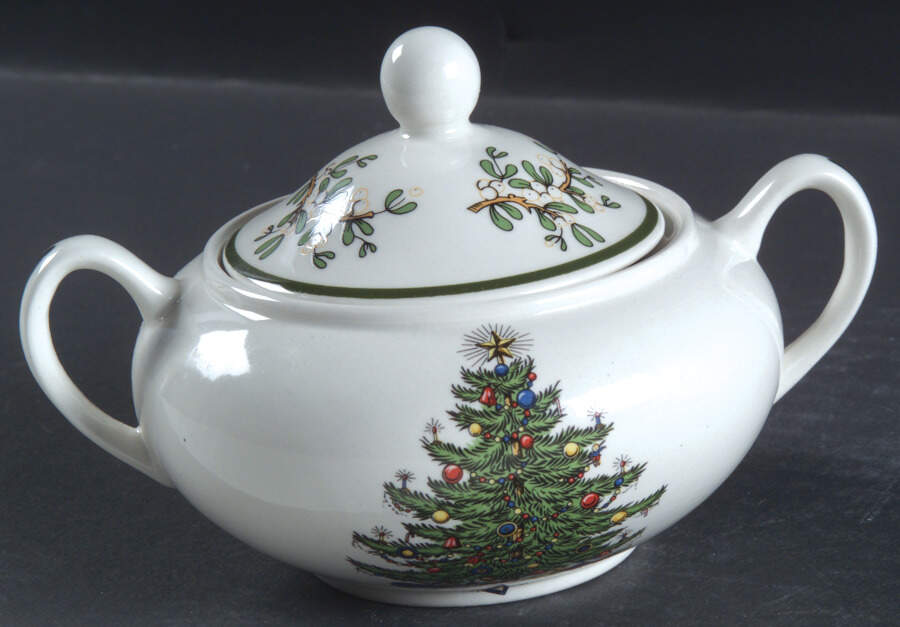 Christmas Tree (Narrow Green Band, White) Sugar Bowl & Lid by Cuthbertson-1
