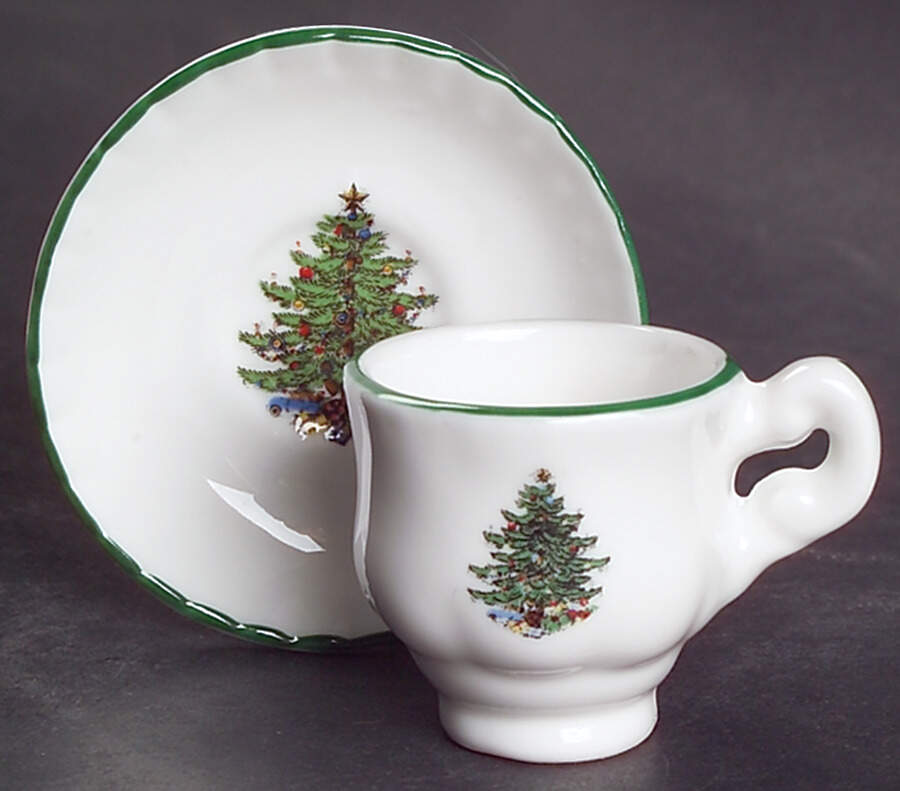 Christmas Tree (Narrow Green Band, White) Footed Toy Cup and Saucer Set by Cuthbertson-1
