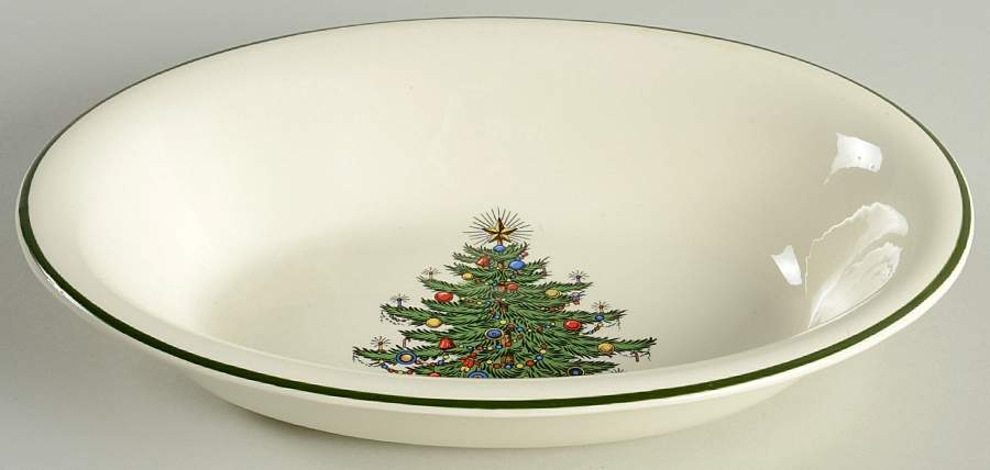 Christmas Tree (Narrow Green Band, White) 9" Oval Vegetable Bowl by Cuthbertson-1