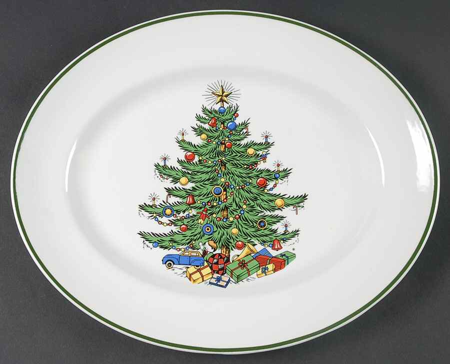 Christmas Tree (Narrow Green Band, White) 12" Oval Serving Platter by Cuthbertson-1