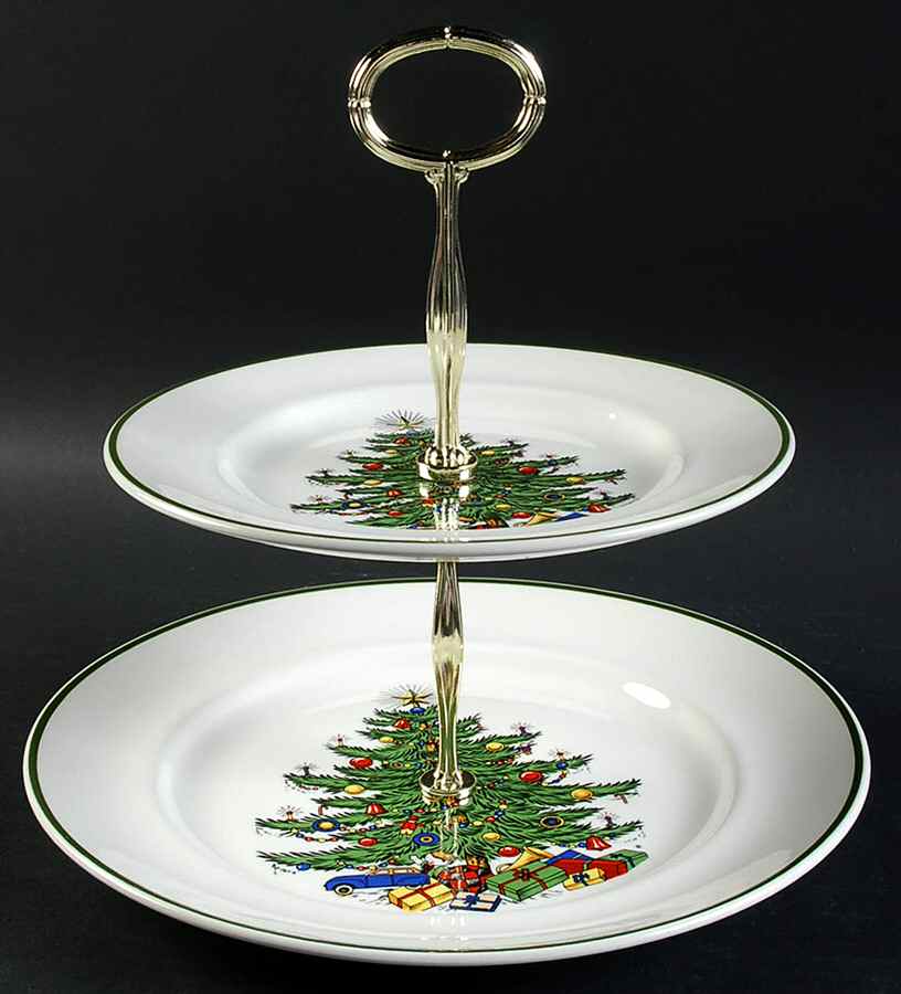 Christmas Tree (Narrow Green Band, White) 2 Tiered Serving Tray (Dinner & Salad Plate) by Cuthbertson-1