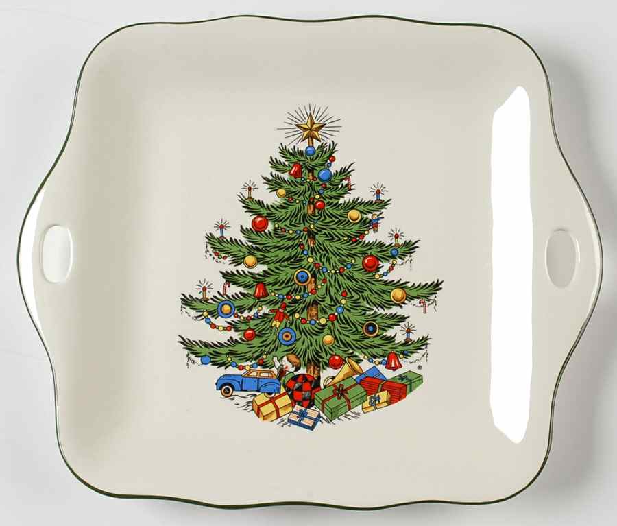Christmas Tree (Narrow Green Band, White) Square Handled Cake Plate by Cuthbertson-1