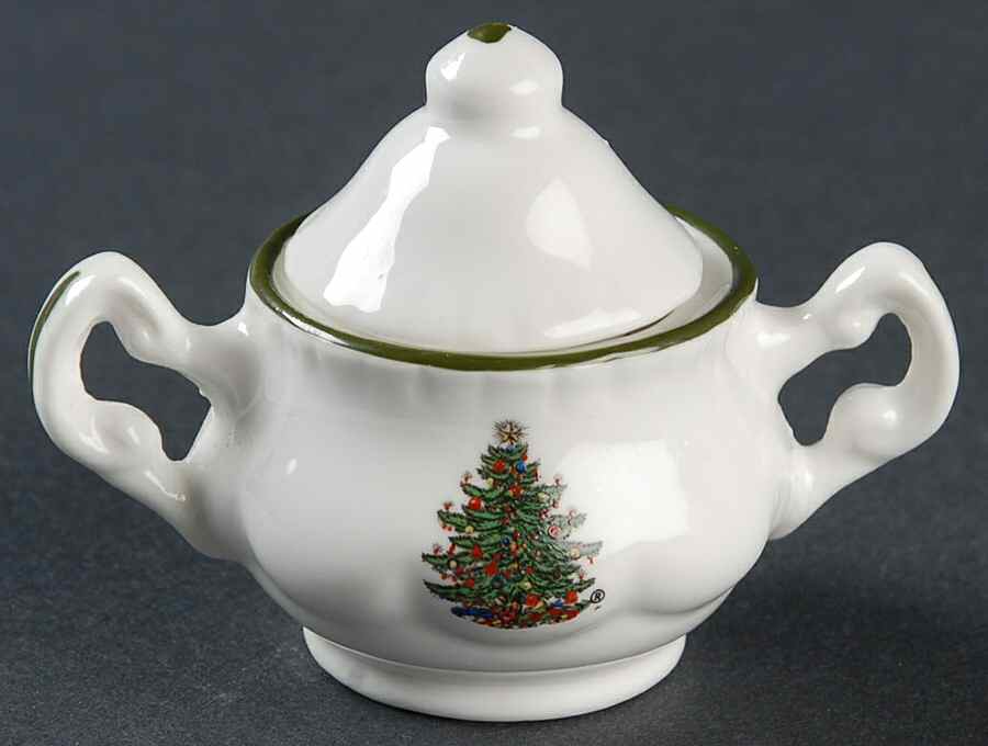 Christmas Tree (Narrow Green Band, White) Toy Sugar Bowl & Lid by Cuthbertson-1