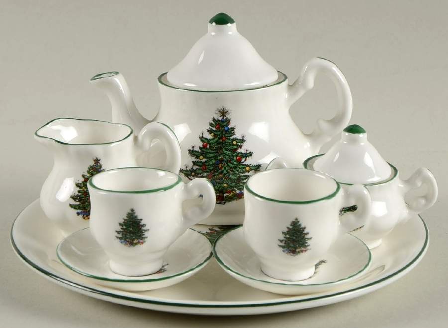 Christmas Tree (Narrow Green Band, White) (10 Piece) Miniature Tea Set by Cuthbertson-1