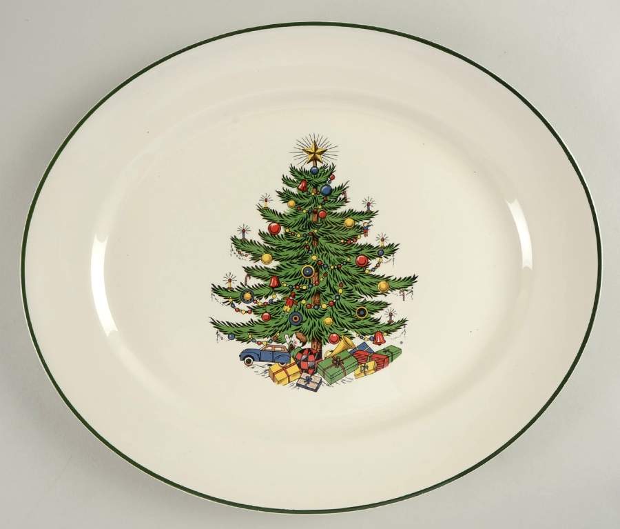 Christmas Tree (Narrow Green Band, White) 13" Oval Serving Platter by Cuthbertson-1