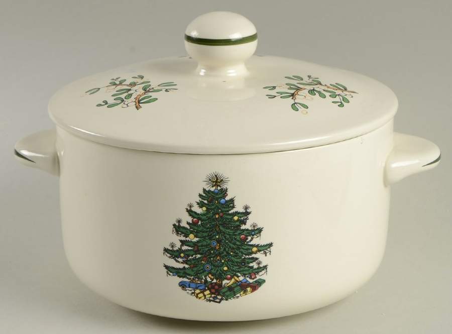 Christmas Tree (Narrow Green Band, White) 1 Qt Round Covered Casserole by Cuthbertson-1