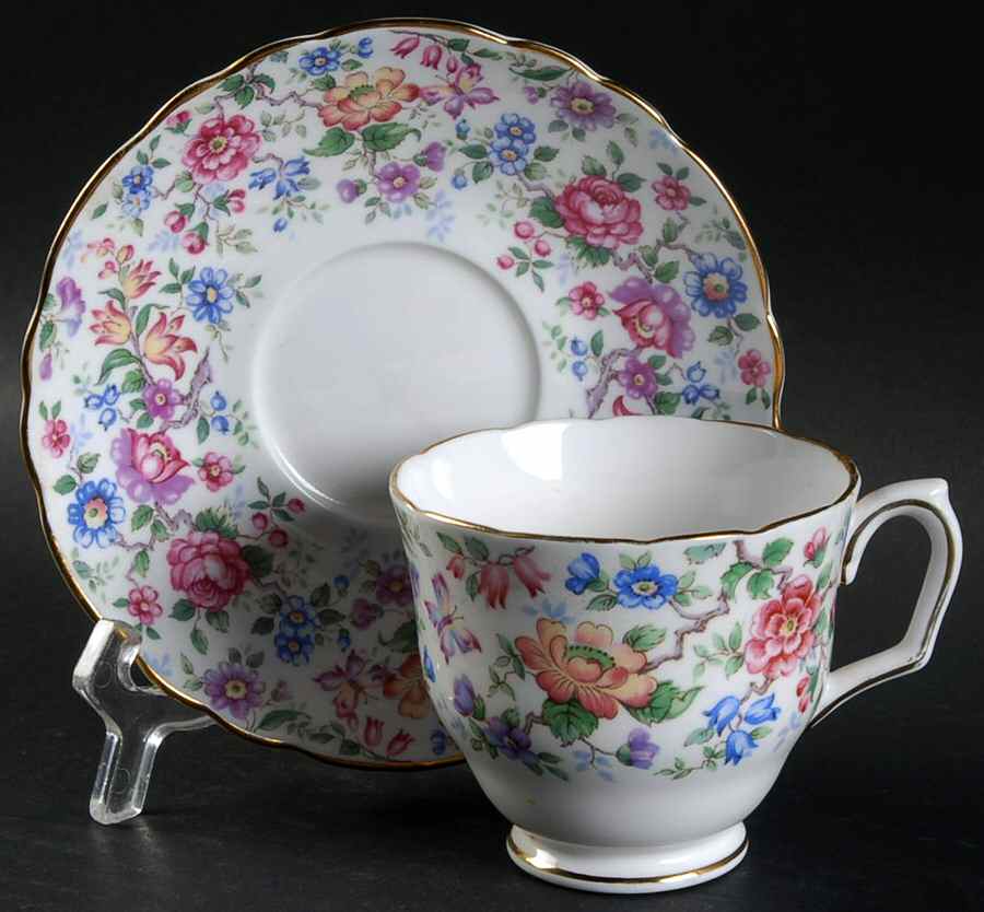 Springtime (Scalloped, Smooth Rim) Footed Cup & Saucer Set by Crown Staffordshire-1