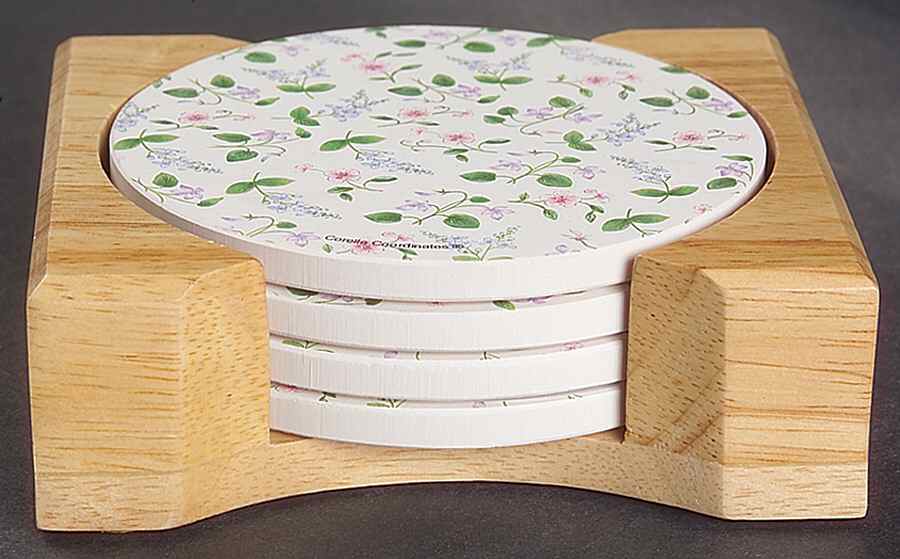 Delicate Array (Corelle) Thirst Coaster with Wood Holder - Set of 4 by Corning Corelle-1