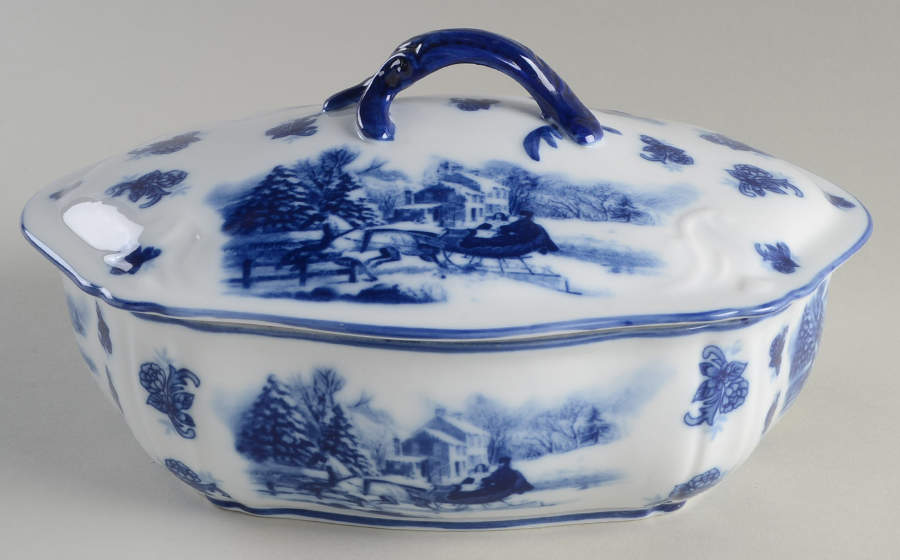 Blue And White Oval Covered Vegetable by Cracker Barrel-1