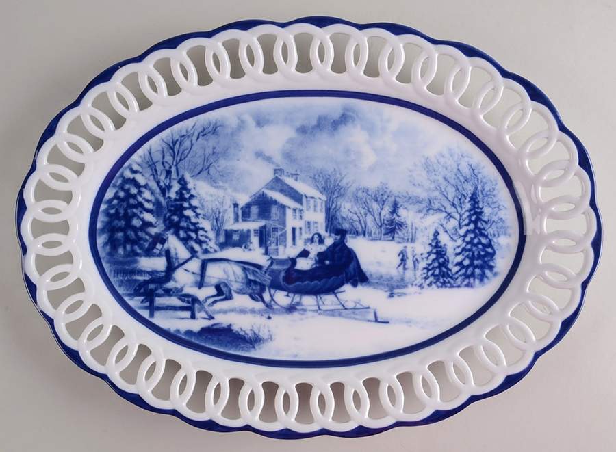 Blue And White 17" Pierced Oval Platter by Cracker Barrel-1
