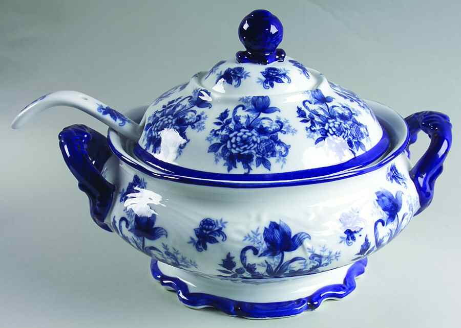 Blue And White Tureen & Lid w/Ladle by Cracker Barrel-1