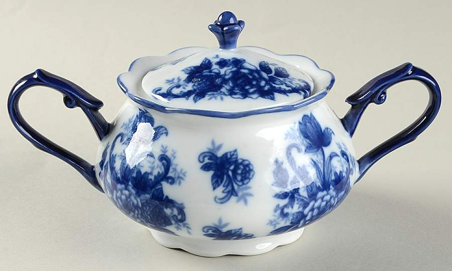 Blue And White Sugar Bowl & Lid by Cracker Barrel-1
