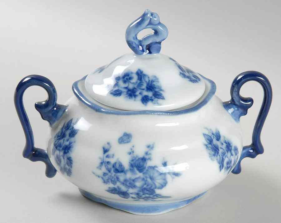 Blue And White Sugar Bowl & Lid by Cracker Barrel-1