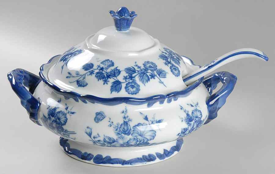 Blue And White Tureen & Lid w/Ladle by Cracker Barrel-1