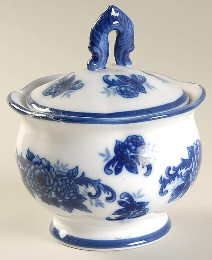 Blue And White Sugar Bowl & Lid by Cracker Barrel-1