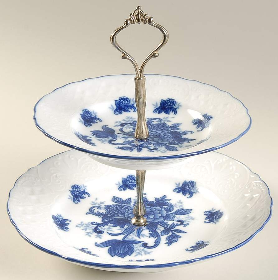 Blue And White 2 Tiered Serving Tray (Dinner & Salad Plate) by Cracker Barrel-1