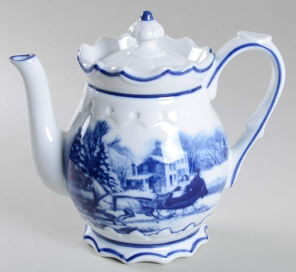 Blue And White Teapot & Lid by Cracker Barrel-1