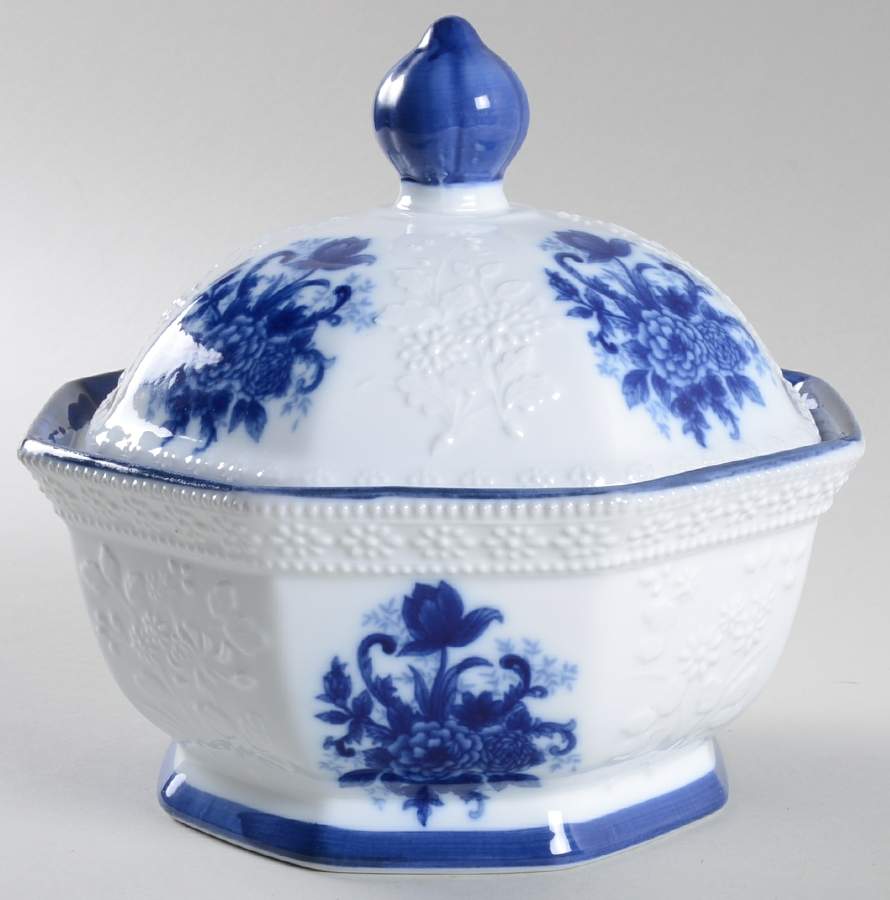 Blue And White Octagonal Covered Vegetable by Cracker Barrel-1