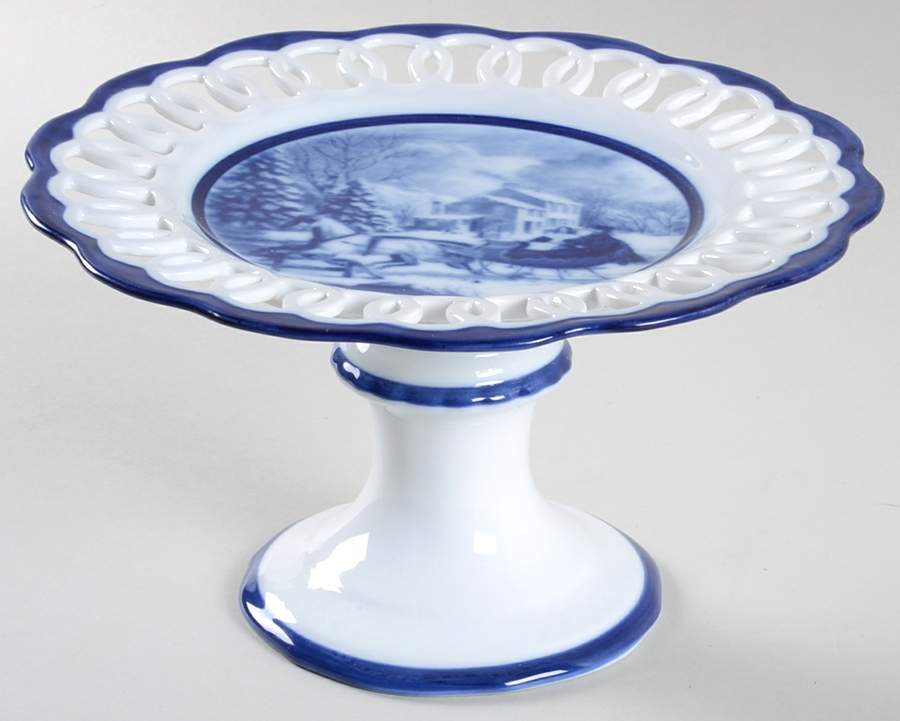 Blue And White 8" Diameter Pierced Cake Stand by Cracker Barrel-1