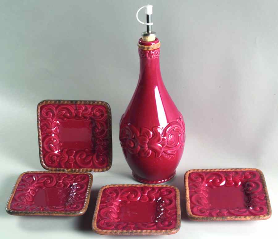Florentine Burgundy Oil Jar & Drizzler with 4 Dipping Bowls by Certified International-1