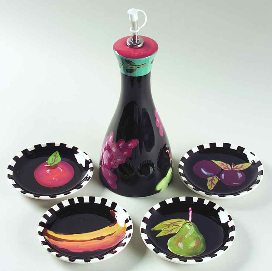 Fruit Salad Oil Jar Drizzler with 4 Motif Dipping Dish by Certified International-1