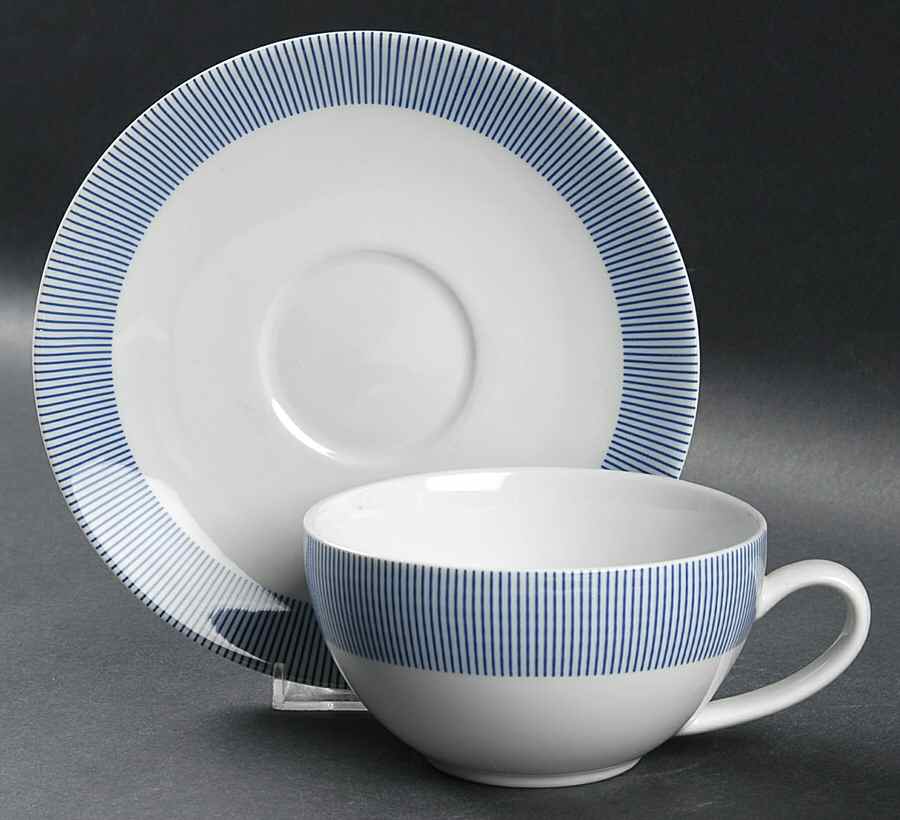Pinstripe Blue Flat Cup & Saucer Set by Crate & Barrel-1