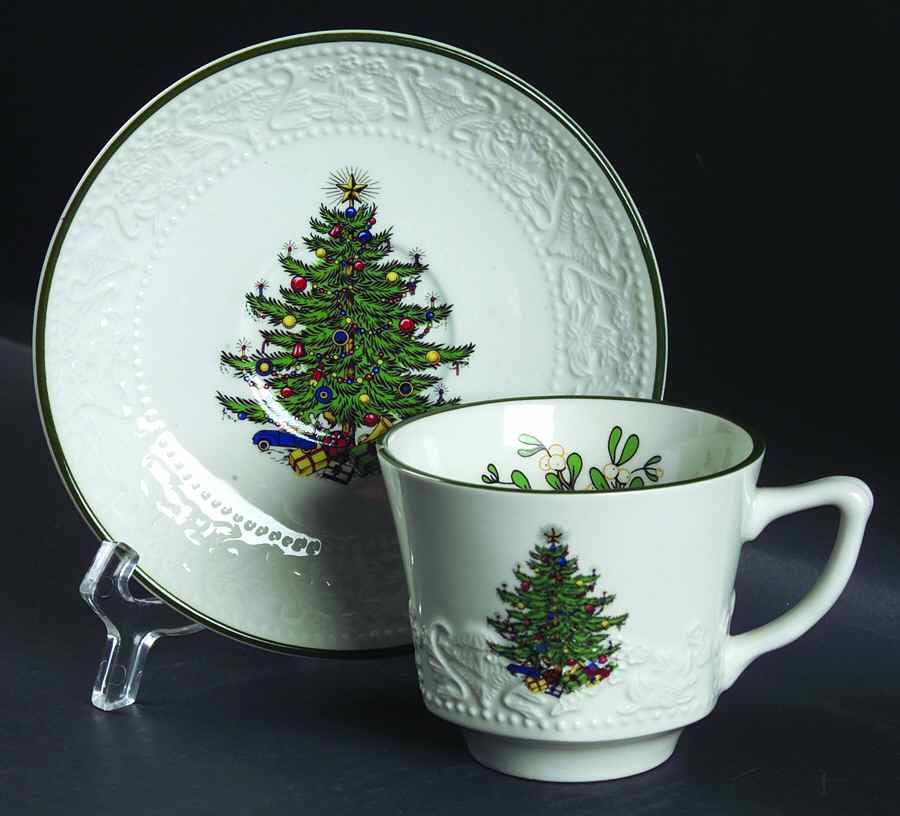 Dickens Embossed Christmas (White) Flat Cup & Saucer Set by Cuthbertson-1