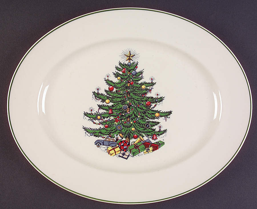 Christmas Tree (Narrow Green Band, Cream, Newer) 13" Oval Serving Platter by Cuthbertson-1
