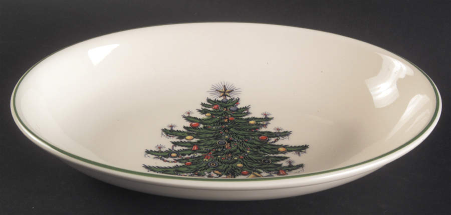 Christmas Tree (Narrow Green Band, Cream, Newer) 10" Oval Vegetable Bowl by Cuthbertson-1