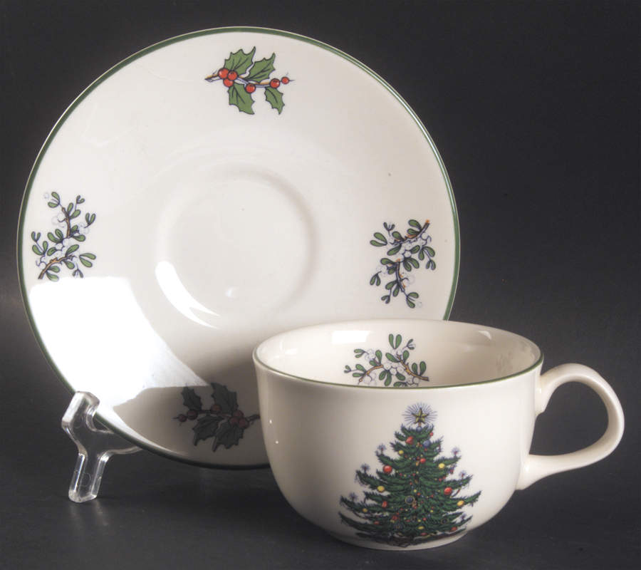 Christmas Tree (Narrow Green Band, Cream, Newer) Flat Cup & Saucer Set by Cuthbertson-1
