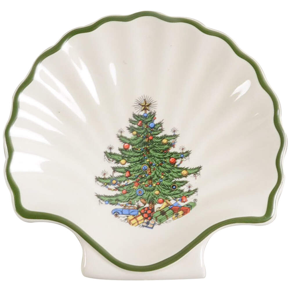 Christmas Tree (Narrow Green Band, Cream, Newer) Small Shell Shaped Dish by Cuthbertson-1