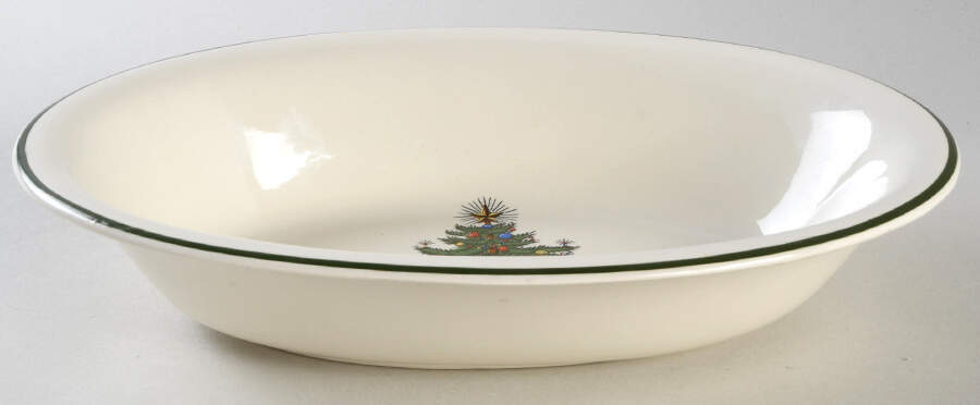 Christmas Tree (Narrow Green Band, Cream, Newer) 9" Oval Vegetable Bowl by Cuthbertson-1