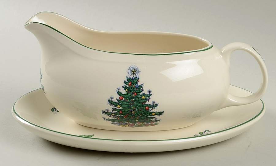 Christmas Tree (Narrow Green Band, Cream, Newer) Gravy Boat & Underplate/Relish by Cuthbertson-1